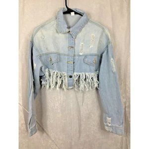 Cropped Denim Jacket for Women Long Sleeve Destroyed Wash Size Small